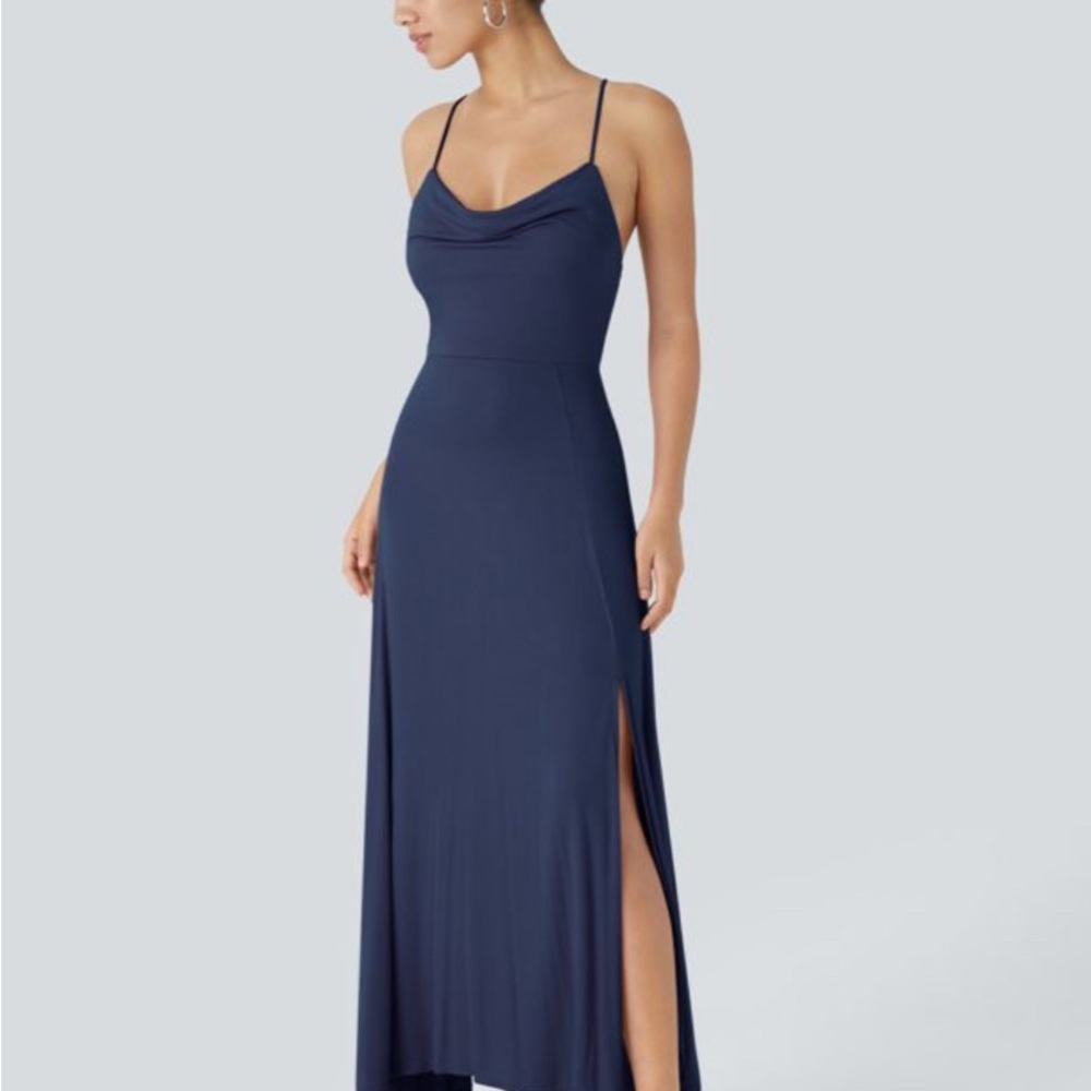 NWT Ribbed Cowl Neck Lace Up Midi Dress HALARA Navy Blue Midi Dress